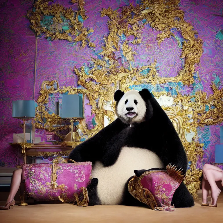 Image similar to high fashion photoshoot octane render portrait by wayne barlow and carlo crivelli and glenn fabry, a distinguished actor wearing a colorful wes anderson designed uniform and giant panda inside a high - end exotic colorful pastel vintage boutique hotel lounge, very short depth of field, bokeh