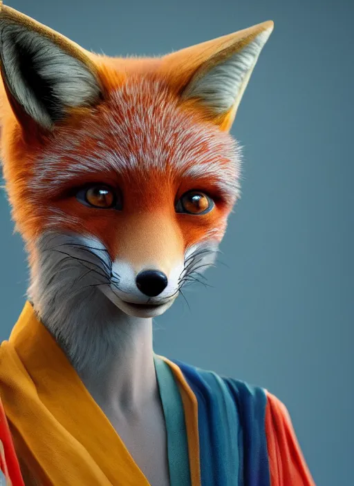 Image similar to an anthropomorphic beautiful female fox wizard portrait holding a staff wearing colourful robe, fine art, award winning, intricate, elegant, sharp focus, octane render, hyperrealistic, cinematic lighting, highly detailed, digital painting, 8 k concept art, art by jamie hewlett and z. w. gu, masterpiece, trending on artstation, 8 k