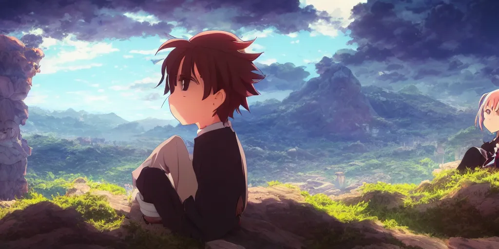 Image similar to isekai masterpiece anime boy sitting on a rock off to the side looking down upon umi, during dawn, cinematic, very warm colors, intense shadows, anime illustration, anime screenshot composite background