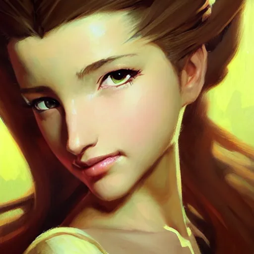 Image similar to Greg Manchess portrait painting of Aerith Gainsborough from FFVII as Overwatch character, medium shot, asymmetrical, profile picture, Organic Painting, sunny day, Matte Painting, bold shapes, hard edges, street art, trending on artstation, by Huang Guangjian and Gil Elvgren and Sachin Teng