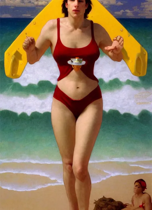 Image similar to portrait Saul Goodman as sea lifeguard on the beach, full length shot, shining, 8k highly detailed, sharp focus, illustration, art by artgerm, mucha, bouguereau