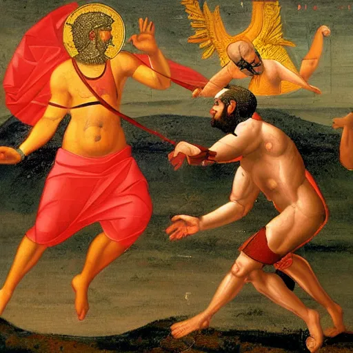 Image similar to masterful religious painting, god fighting the devil