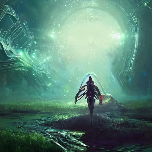 Image similar to ultra realistic illustration of android fairy, alien homeworld, swamps, advanced technology, warframe, special effects, colorful lights, space ship in the distance, intricate, highly detailed, digital painting, artstation, concept art, smooth, sharp focus, illustration, art by artgerm and tim mcburnie and anato finnstark