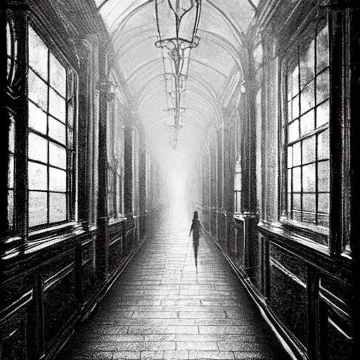 Image similar to a long hallway of mirrors. victorian interior, with many mirrors, spiders and spiderwebs everywhere, elegant design, haunting atmosphere, dark lighting, gothic, horror style, scary, swirling fog, volumetric lighting, by greg rutkowski, dutch angle,