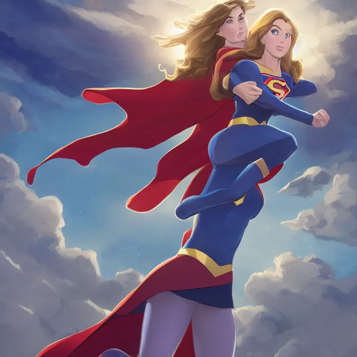 Image similar to A beautiful ultradetailed cartoon of one Supergirl hovering and holding one Lena Luthor in her arms, blue sky, Metropolis, 4k, Raphael Lacoste, by Rossdraws and Bluesssatan and Mandy Jurgens and Stjepan Sejic, Legend of Korra, Supergirl, fanart, trending on artstation, highly detailed, soft lighting 8k resolution, dramatic lighting, unreal engine 5, Pinterest, Katie McGrath, Melissa Benoist