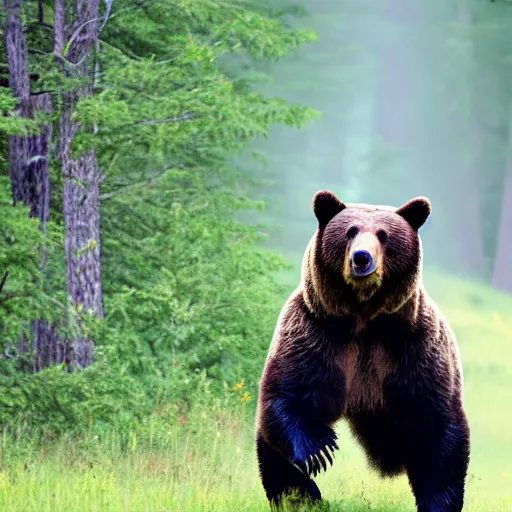 Image similar to a bear running after a person in the forest