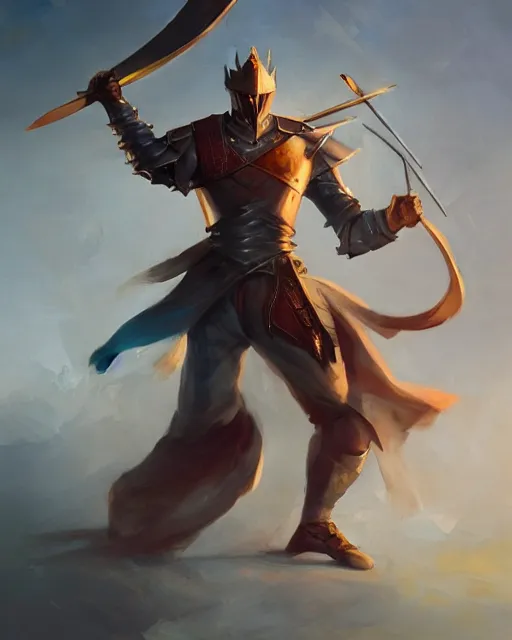 Image similar to action portrait of a knight dancing with swords, 4K trending on artstation by peter mohrbacher