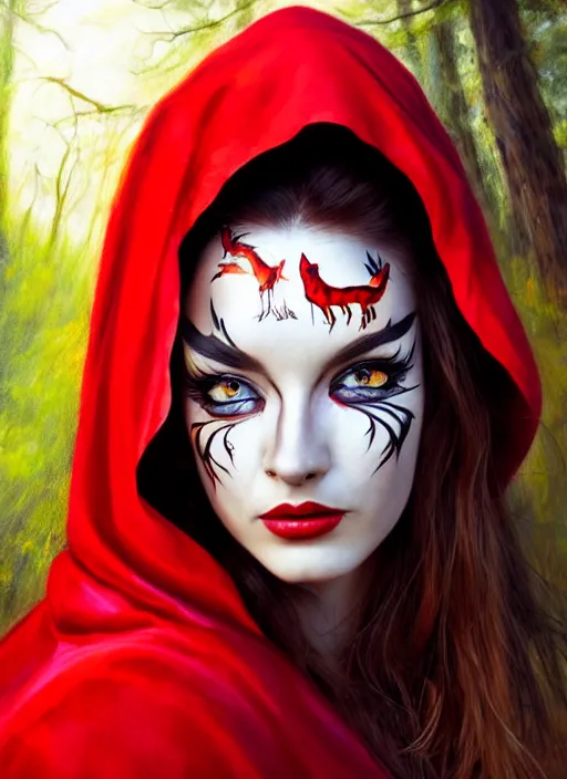 Prompt: photo of a gorgeous Beautiful face Portrait of Little Red Riding Hood with a lightning panther, face painting, woman in the style of stefan kostic, wild, realistic, sharp focus, 8k high definition, insanely detailed, intricate, elegant, art by stanley lau and artgerm