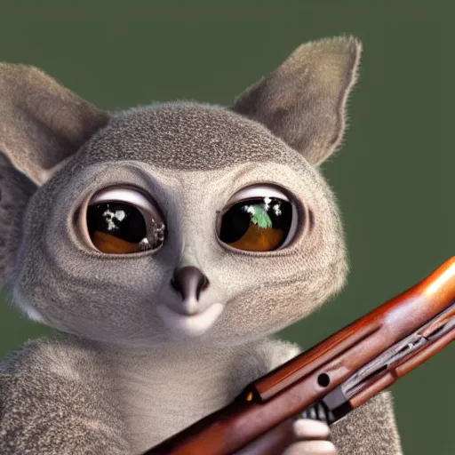 Image similar to Bushbaby with a rifle in its hands, Military, Combat, War, 4k, photorealistic