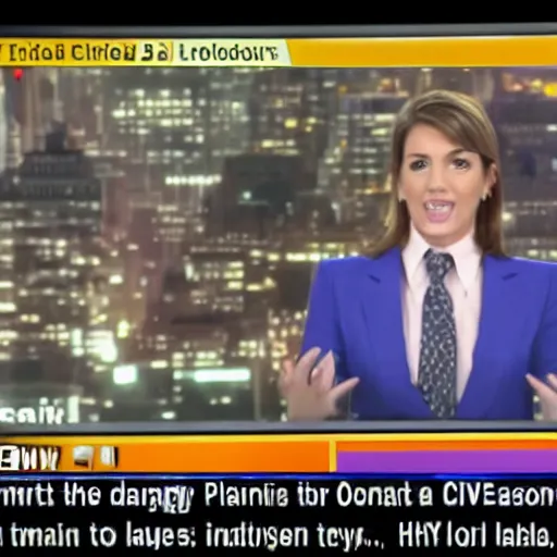 Prompt: newscaster reporting on the appearance of an enormous cat wrecking nyc, television screen, high resolution