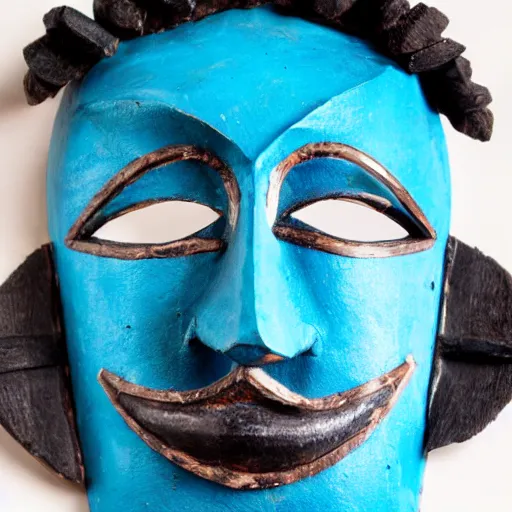 Image similar to a dark African ritual mask with light blue details, realistic, photography
