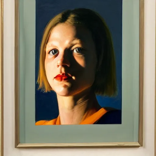 Image similar to Portrait, dated a chick that lived on Cooterneck Road, She had a catfish Camero and was cooler than me, by Edward Hopper and Bo Bartlett