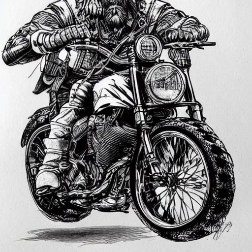 Prompt: bearded biker, intricate ink drawing, highly detailed in the style of Ashley wood