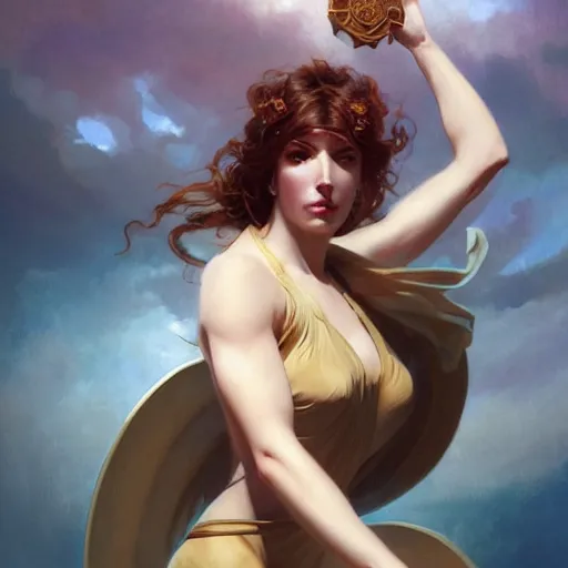 Prompt: Circe, posing heroically, heavenly, full body close-up shot, elegant, digital painting, cinematic, trending on artstation, concept art, illustration, art by artgerm and Greg Rutkowski and Alphonse Mucha