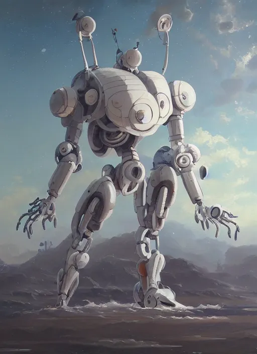 Prompt: an intricate oil painting of a giant pristine white anime humanoid feminine mecha with rounded components by simon stalenhag, inspired by nier : automata, clean white lab background