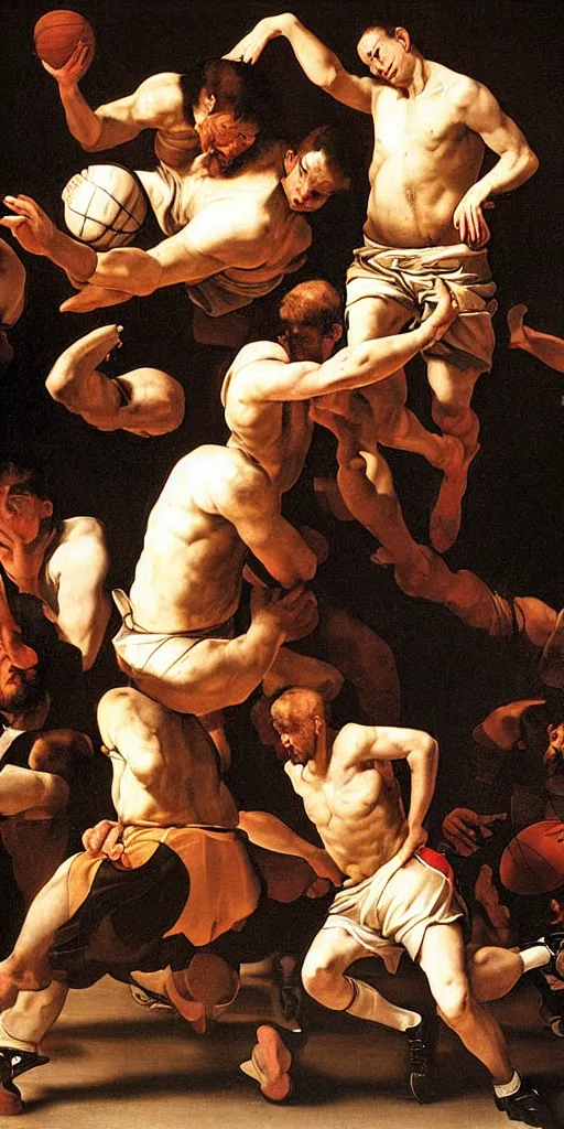 Image similar to beautifully detailed baroque oil painting of a one-on-one basketball game in prison by caravaggio