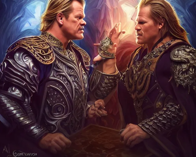 Image similar to chris jericho y 2 j wwf wwe wrestler lionheart, deep focus, d & d, fantasy, intricate, elegant, highly detailed, digital painting, artstation, concept art, matte, sharp focus, illustration, hearthstone, art by artgerm and greg rutkowski and alphonse mucha