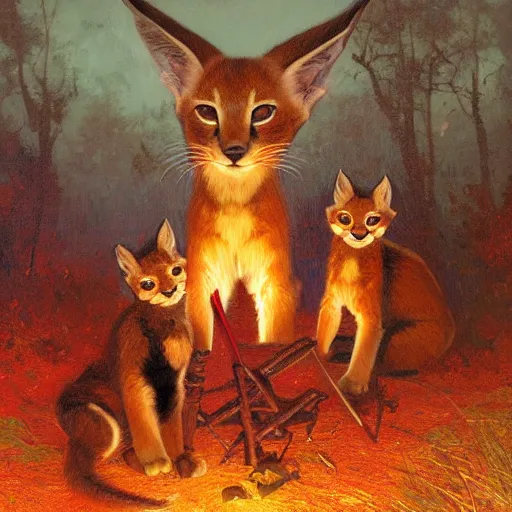 Prompt: three cute caracals wearing red ties, campfire, night, atmospheric lighting, intricate, volumetric lighting, digital art, highly detailed by gaston bussiere, craig mullins, j. c. leyendecker 8 k