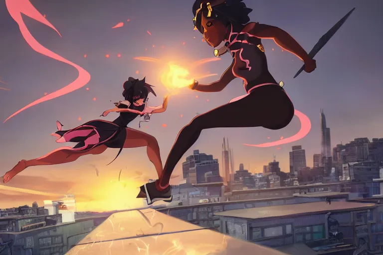 Image similar to a fierce young black female dressed as a ninja wearing a diamond is attacking an powerful goddess on a harlem rooftop, highly detailed, 4lighting, anime scenery by Makoto shinkai