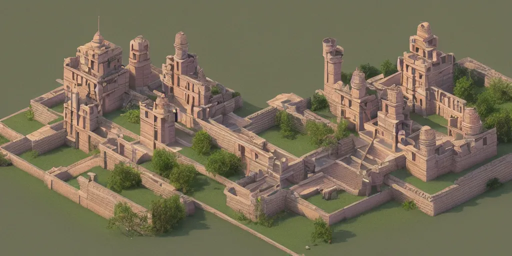 Image similar to isometric 3 d rendering of an indian castle, art deco, octane render, trending on artstation, cgsociety