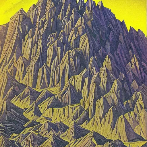 Prompt: At the top of a carved stairway of ten thousand rough hewn steps looms the ominous double mountain known only as the Iron Crag, home to the dieselpunk Dwarven megacity of Marhtlaz, by Matt Heuston and by Mike Ploog, magical fauvism, vfx