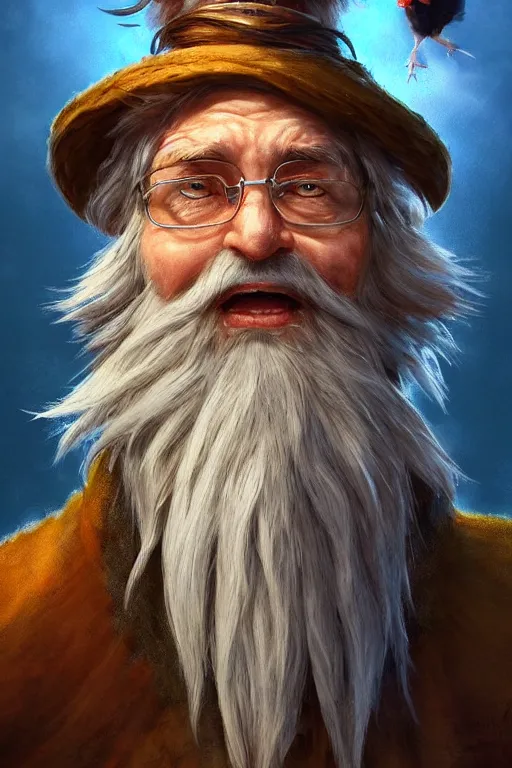 Image similar to a kind old wizard with a long white beard looking a confused with a chicken perched on top of his hat, brown wizard hat, blue robe, realistic, detailed, trending on ArtStation, by Tony Sart