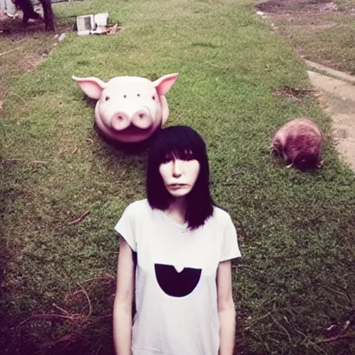 Prompt: “a tall emo girl with the head of a pig, in a Tokyo apartment, grass and weeds”