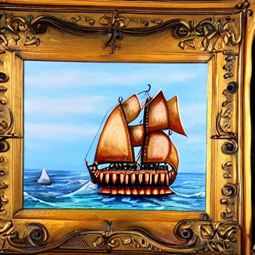 Image similar to oil painting of a pipe organ pirate ship