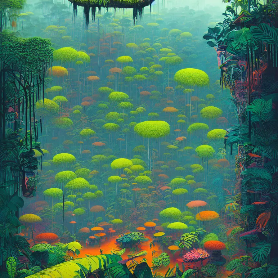 Image similar to surreal glimpse, malaysia jungle, summer morning, very coherent and colorful high contrast pastel art by gediminas pranckevicius james gilleard james gurney floralpunk screen printing woodblock, dark shadows, hard lighting, stippling dots,