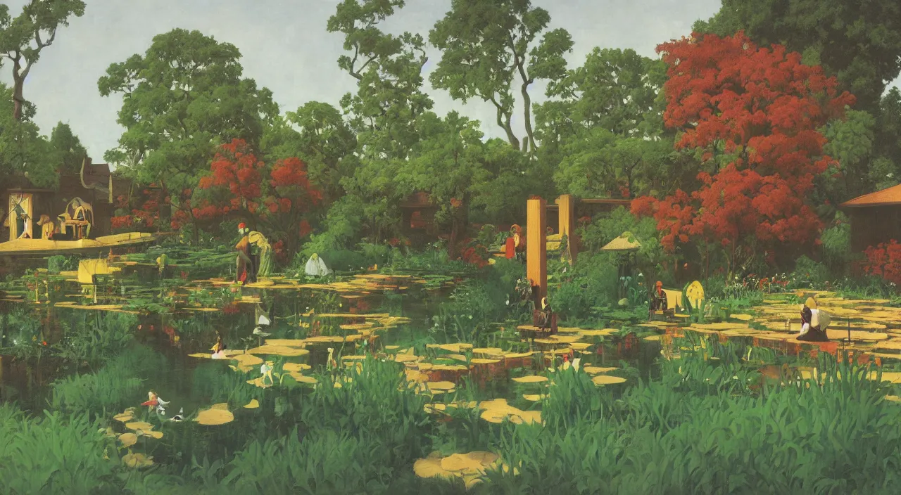 Prompt: single flooded simple wooden garden, very coherent and colorful high contrast!! masterpiece by rene magritte simon stalenhag carl spitzweg syd mead norman rockwell edward hopper james gilleard, minimalist, dark shadows, sunny day, hard lighting