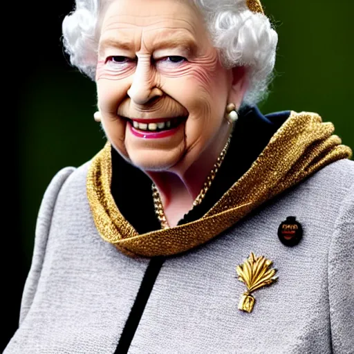 Prompt: queen elizabeth wearing a hoodie and a gold medal
