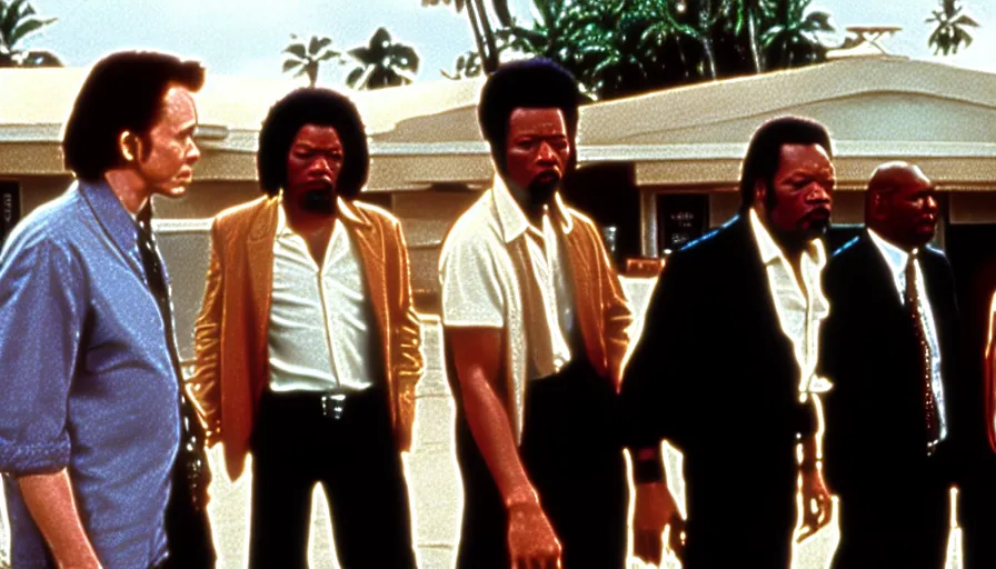 Image similar to jules from pulp fiction, christopher walken, gary oldman and ving rhames. in line at big kahuna burger.