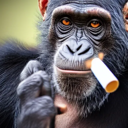 Image similar to a high detail shot of a chimp wearing a suit and smoking