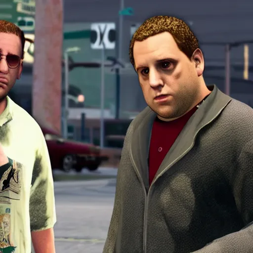 Image similar to jonah hill as a gta v character talking to trevor