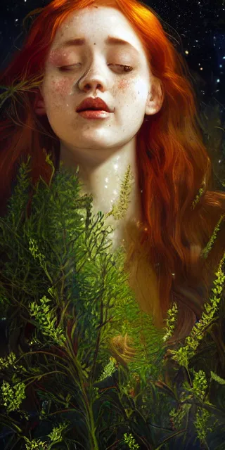 Prompt: empathic young woman, smiling amazed, golden fireflies lights, full covering intricate detailed dress, amidst nature, long red hair, precise linework, accurate green eyes, small nose with freckles, beautiful oval shape face, realistic, expressive emotions, dramatic lights, hyper realistic ultrafine art by artemisia gentileschi, jessica rossier, boris vallejo