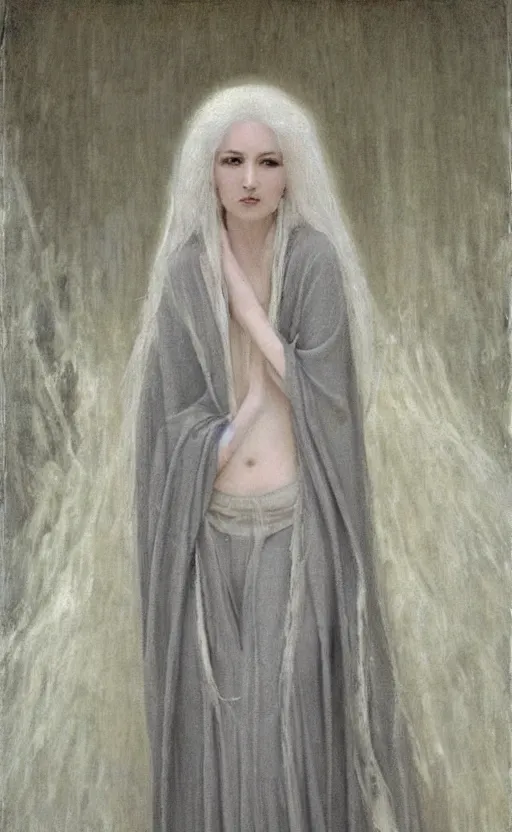 Image similar to say who is this with silver hair so pale and wan! and thin!? female angel, wearing long silver robes, flowing hair, pale fair skin, you g face, silver hair, covered!!, clothed!! lucien levy - dhurmer, jean deville, oil on canvas, 1 8 9 6, 4 k resolution, aesthetic!, mystery