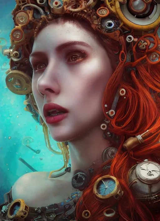 Image similar to underwater steampunk portrait of arianna grande, red hair, octopus, hyper detailed, digital art, cinematic lighting, studio quality, smooth render, unreal engine 5, octane rendered, art style by klimt and nixeu and ian sprigger and wlop and krenz cushart.