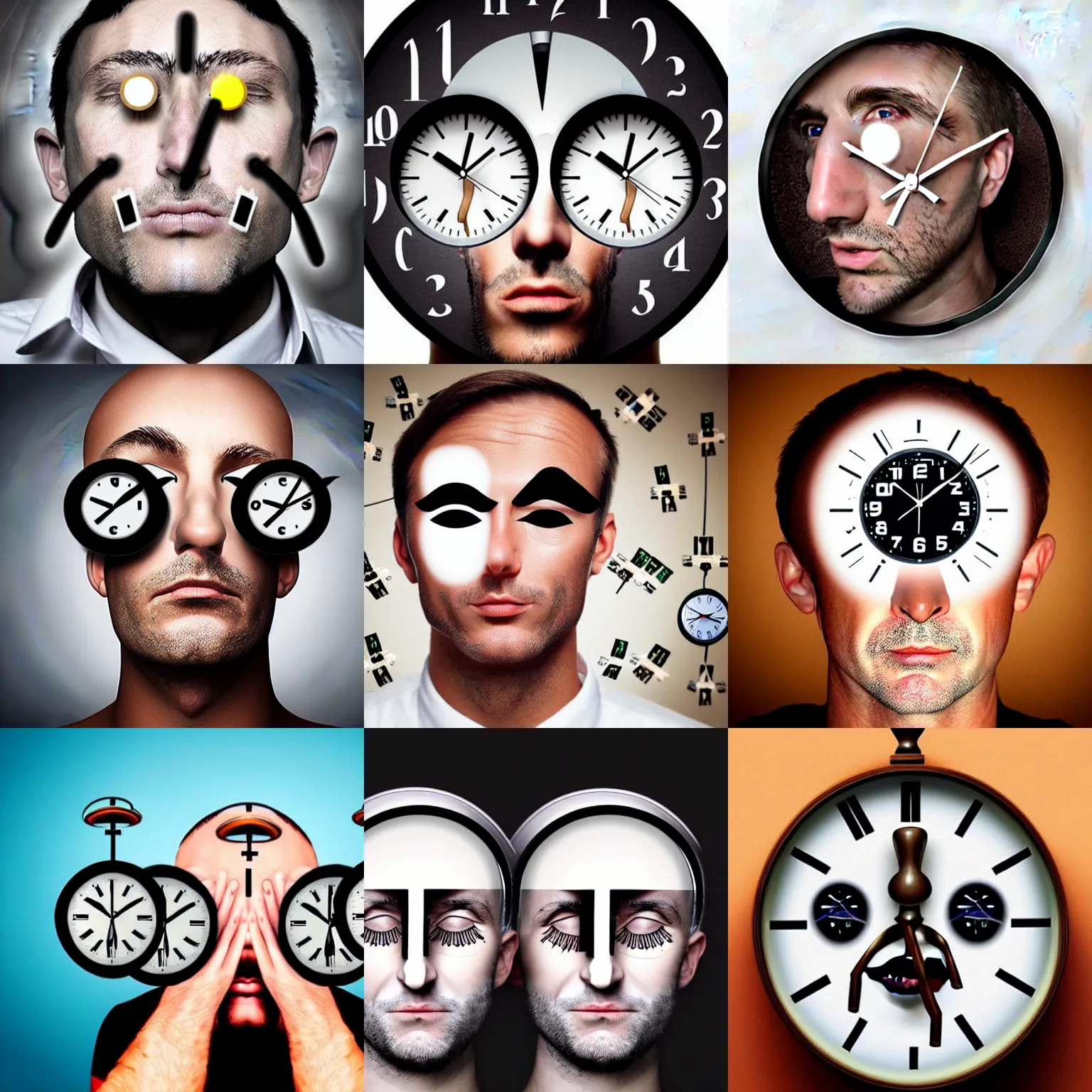 Prompt: mans face with clocks for his eyes surreal, absurd