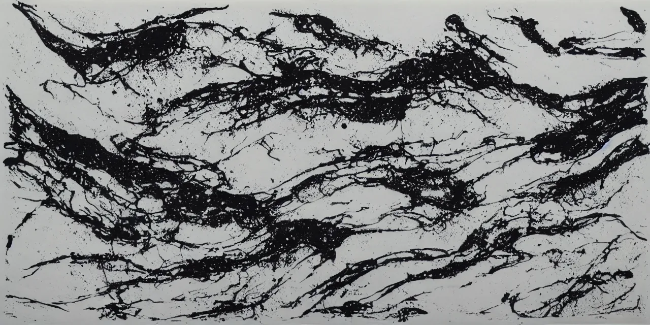 Image similar to laurentian appalachian mountains during winter, black ink landscape artwork with drippings, dribbles and splashes.