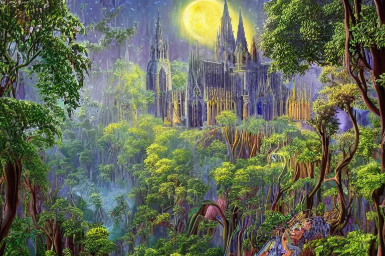 Prompt: a beautiful and highly detailed fantasy landscape painting of a cathedral in a beautiful garden in a mystical forest, psychedelic, intricate details, epic scale, insanely complex, 8 k, sharp focus, hyperrealism, artstation, cgsociety, by eyvind earle,
