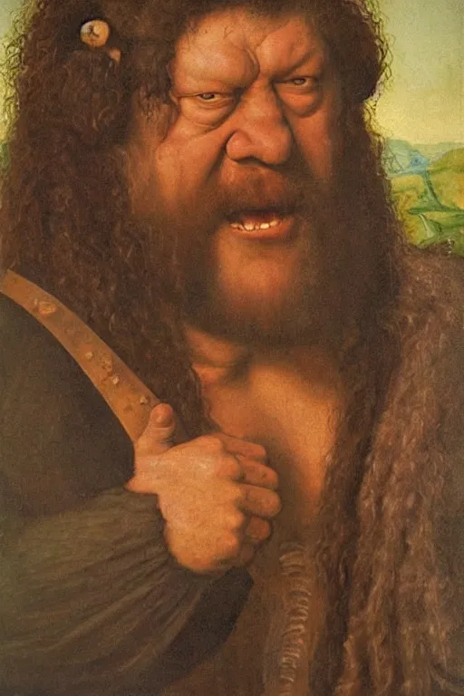 Prompt: portrait of hulking herculean bodybuilder hagrid, oil painting by jan van eyck, northern renaissance art, oil on canvas, wet - on - wet technique, realistic, expressive emotions, intricate textures, illusionistic detail