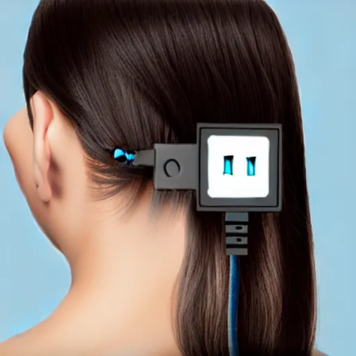 Image similar to usb cable plugged in, back of head, woman, computer, hair clip