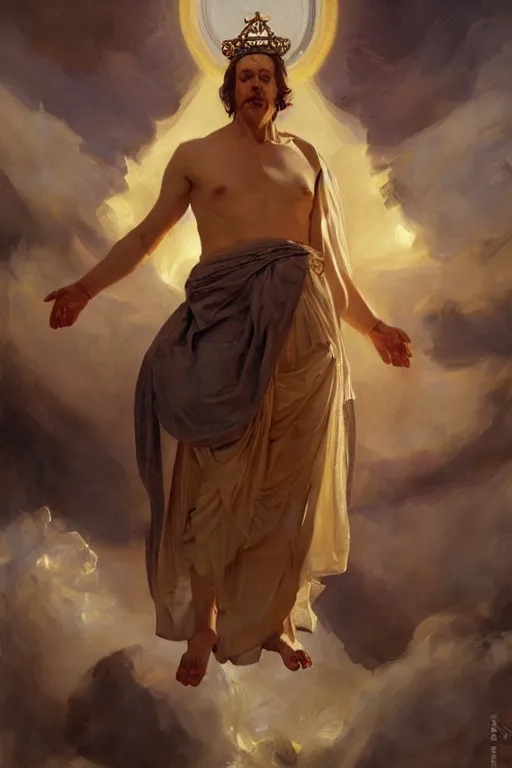 Prompt: beautiful expressive oil painting portrait of ancient roman god emperor steve buscemi ascending wearing the civic crown levitating in religious pose, art by anders zorn, wonderful masterpiece by greg rutkowski, beautiful cinematic light, american romanticism by greg manchess, jessica rossier