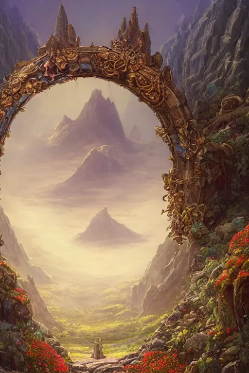 Image similar to A giant medieval fantasy blue energy portal gate with a rusty gold carved lion face at the center of it, the portal takes you to another world, full of colorful flowers on the lost Vibes and mountains in the background, spring, delicate fog, sea breeze rises in the air, by andreas rocha and john howe, and Martin Johnson Heade, featured on artstation, featured on behance, golden ratio, ultrawide angle, f32, well composed, rule of thirds, center spotlight, low angle view