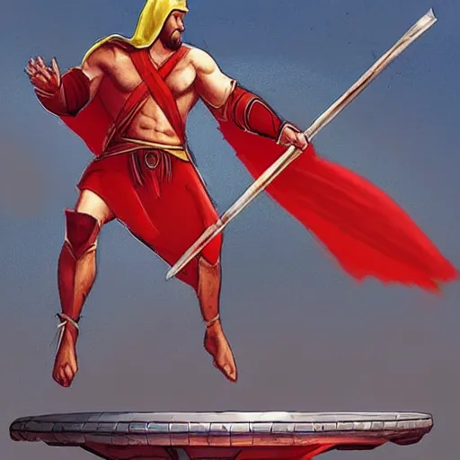 Prompt: “Spartans in battle uniform jumping on trampoline red robe and cape swinging spear swords shield Greece Hercules in the style of Edward Hooper shading artstation”