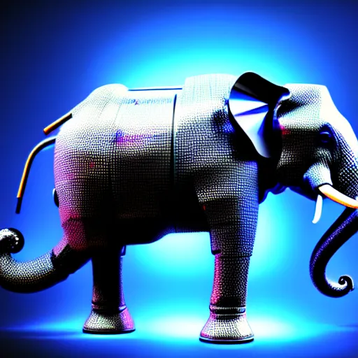 Image similar to hyper realistic cybertronic elephant. high details of body and face. complex realistic mechanical body. blue led. cyberpunk style, natural realistic render, trending on art station, 8 k render.