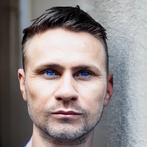 Prompt: close up of face of good looking 4 0 year old slavic blond man with blond stubble, very short wavy blond hair in a short pompadour style, very dark blue eyes, portrait, 4 k