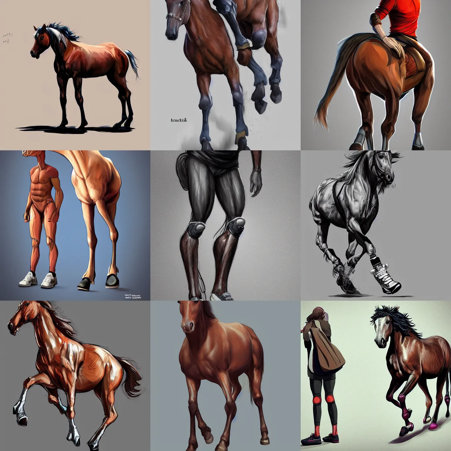 Prompt: a horse wearing human front legs and sneakers, human back legs and sneakers, human legs concept art, human legs digital art, human legs artstation