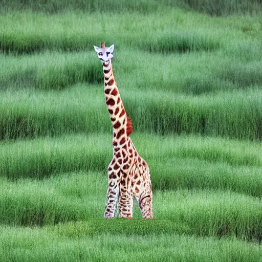 Prompt: cat giraffe hybrid, bold natural colors, national geographic photography, masterpiece, full shot, grass landscape, award winning