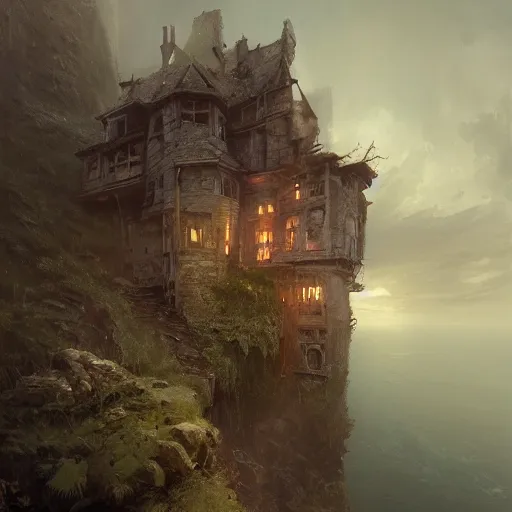 Image similar to unkind haunted house that hasn't been maintained properly sitting atop a narrow cliff on a bouncy hillside, overlooking a grim ocean, digital painting by greg rutkowski and gaston bussiere, trending on artstation, cgsociety contest winner, zbrush, intricately defined, comprehensive art, 4 k